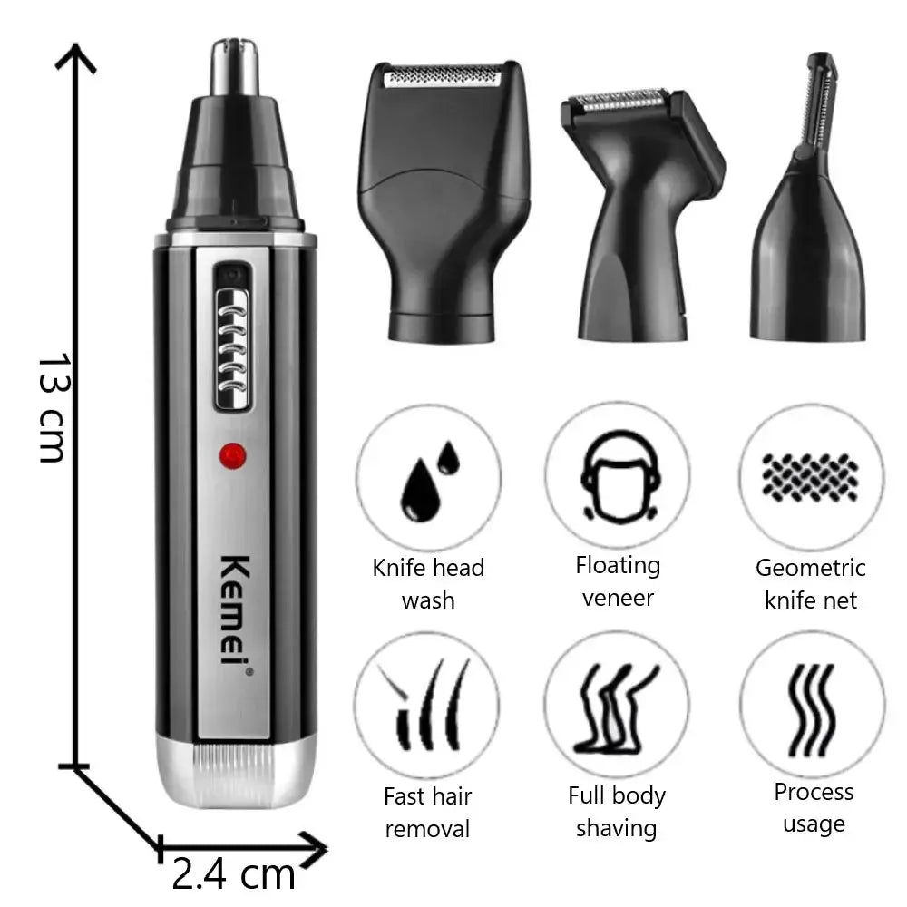 Kemei 4-in-1 men's trimmer set in black and silver with nose/ear, beard and hair attachments