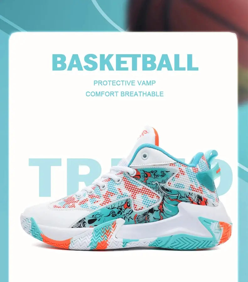 Men's basketball sneakers in white with teal and orange accents, breathable design.