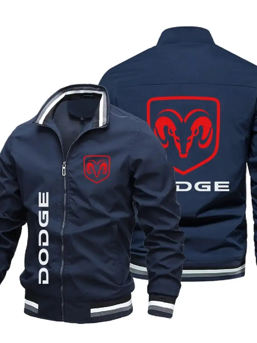 Two navy bomber jackets with Dodge logo; front vertical DODGE lettering, back red ram emblem