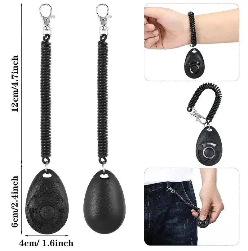 Adjustable dog training clicker with black coiled wrist strap and keychain from Simples Market (2-pack)