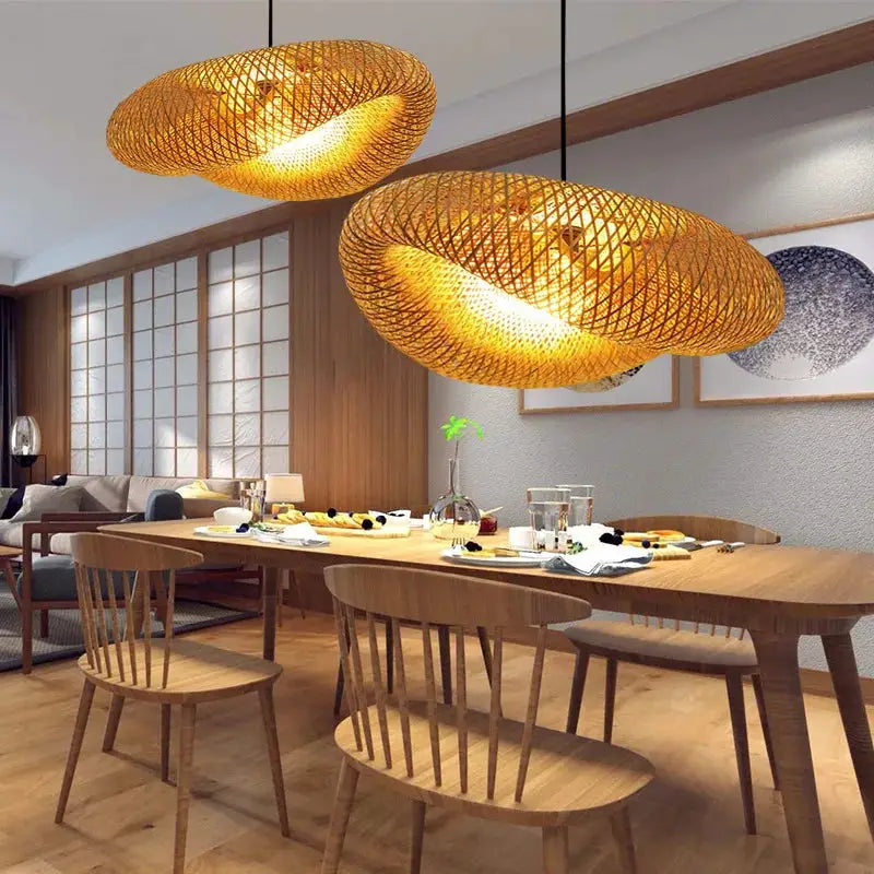 Handmade Vintage Bamboo Weaving LED Pendant Light Chandelier Living Room Kitchen Rattan Woven Lamp