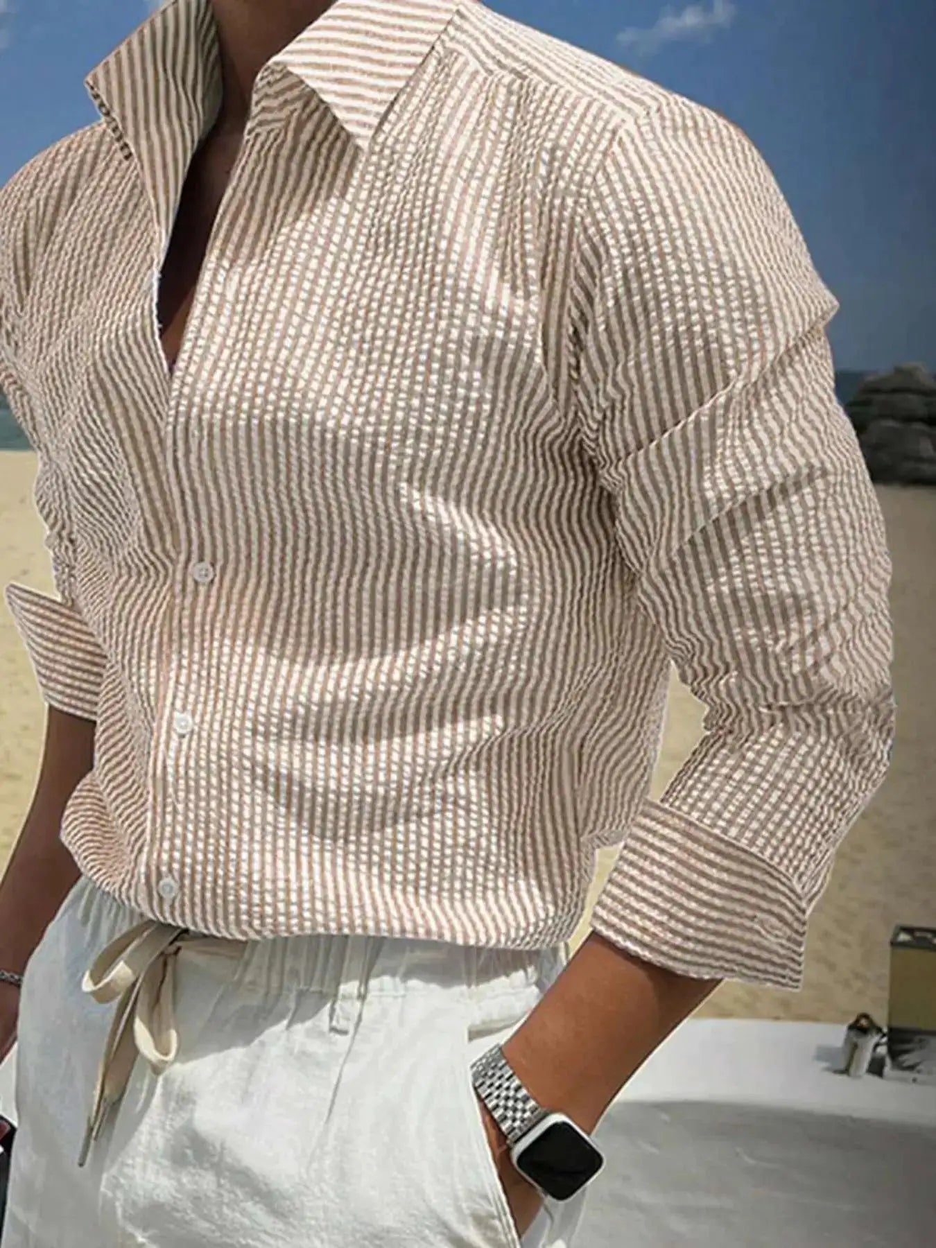 Men's striped long-sleeve shirt in beige and white, casual beachwear style