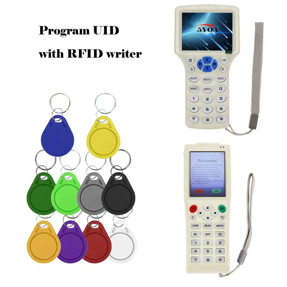 RFID access control clone key fob set with 10 colorful tags and two handheld NFC writers