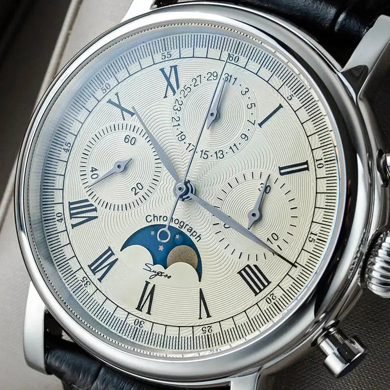 Sugess ST1908 men’s mechanical chronograph wristwatch with moonphase, silver case, black leather strap