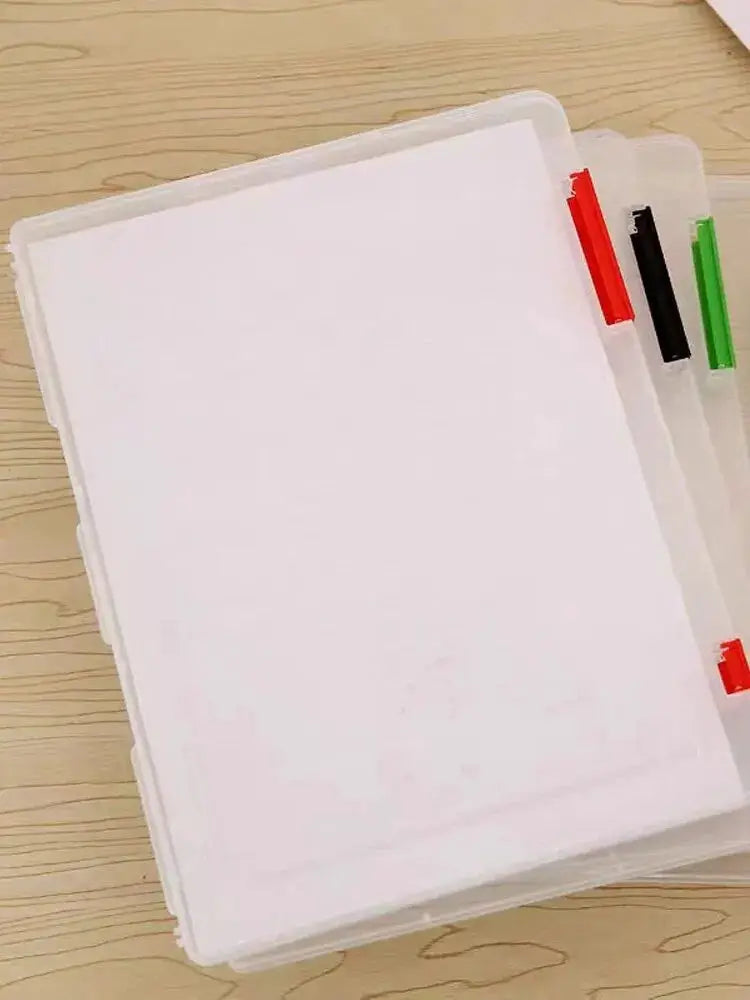 A4 transparent plastic file box with dual-layer compartments and colored tabs (red, black, green) for school use.
