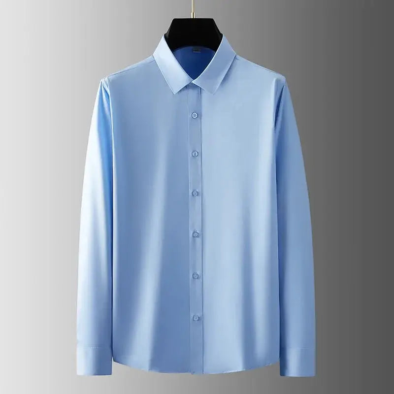 Men's light blue long-sleeve dress shirt by Simples Market, wrinkle-resistant solid color for business casual.