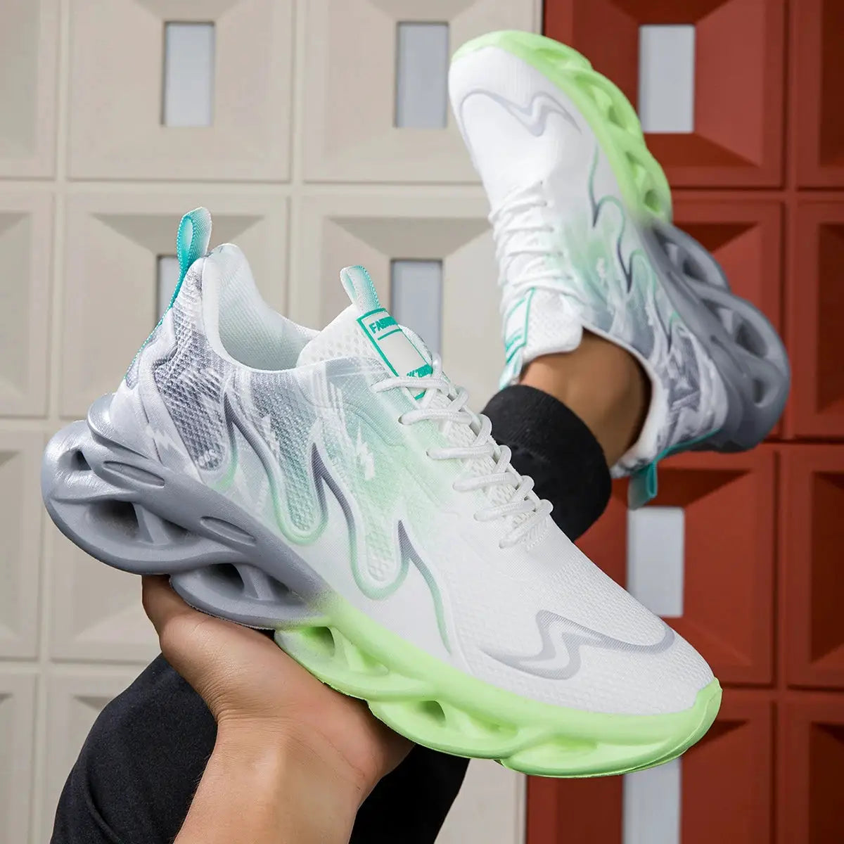 Unisex running shoes with white mesh upper, lime-green sole, and teal accents; lace-up lightweight breathable sneakers.
