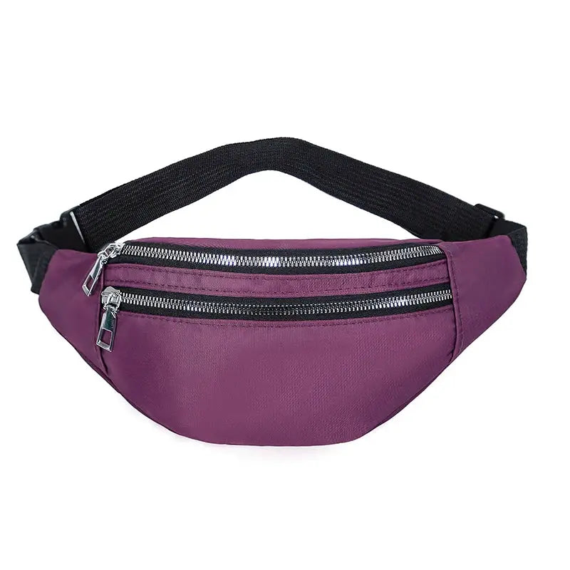 Purple fanny pack waist bag with two zippered pockets and a black adjustable strap