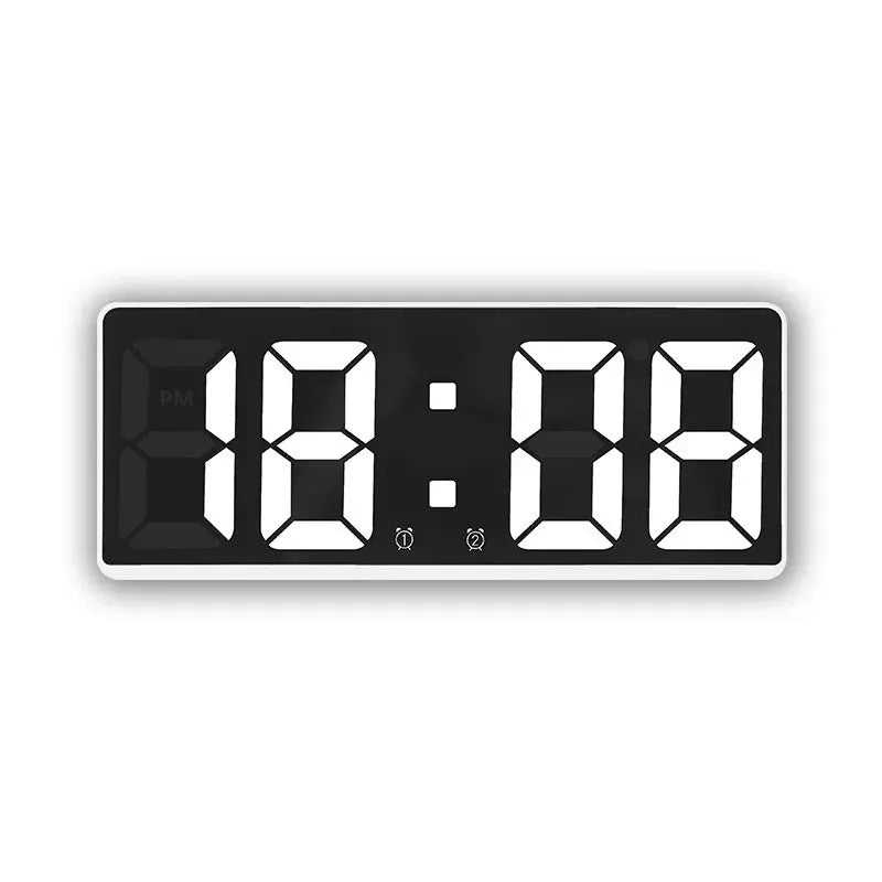 Digital LED alarm clock with black display and white frame.
