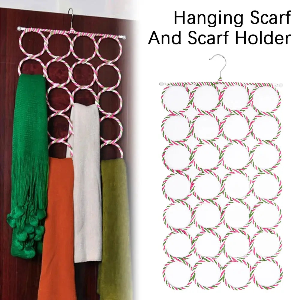 28-hole foldable scarf holder rack with rattan-weave circular rings and top hook for scarves