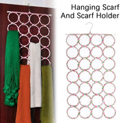 28-hole foldable scarf holder rack with rattan-weave circular rings and top hook for scarves
