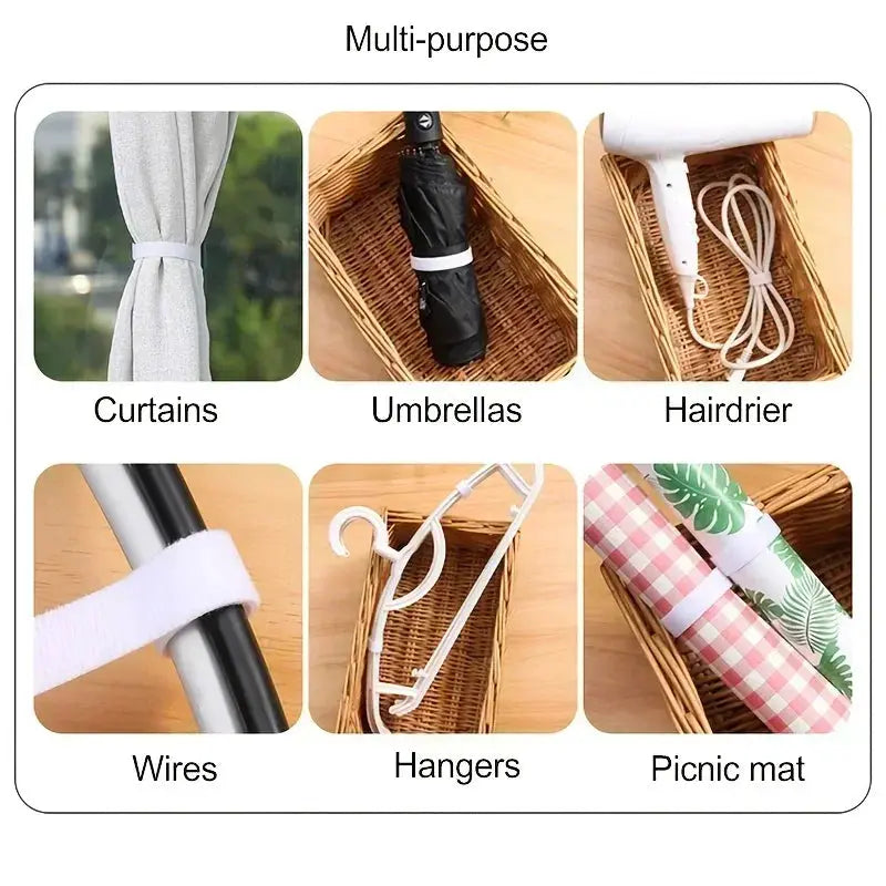 Simples Market cable organizer 1/5M; 6-use collage shows cord winder for wires, hairdryer, curtains, hangers