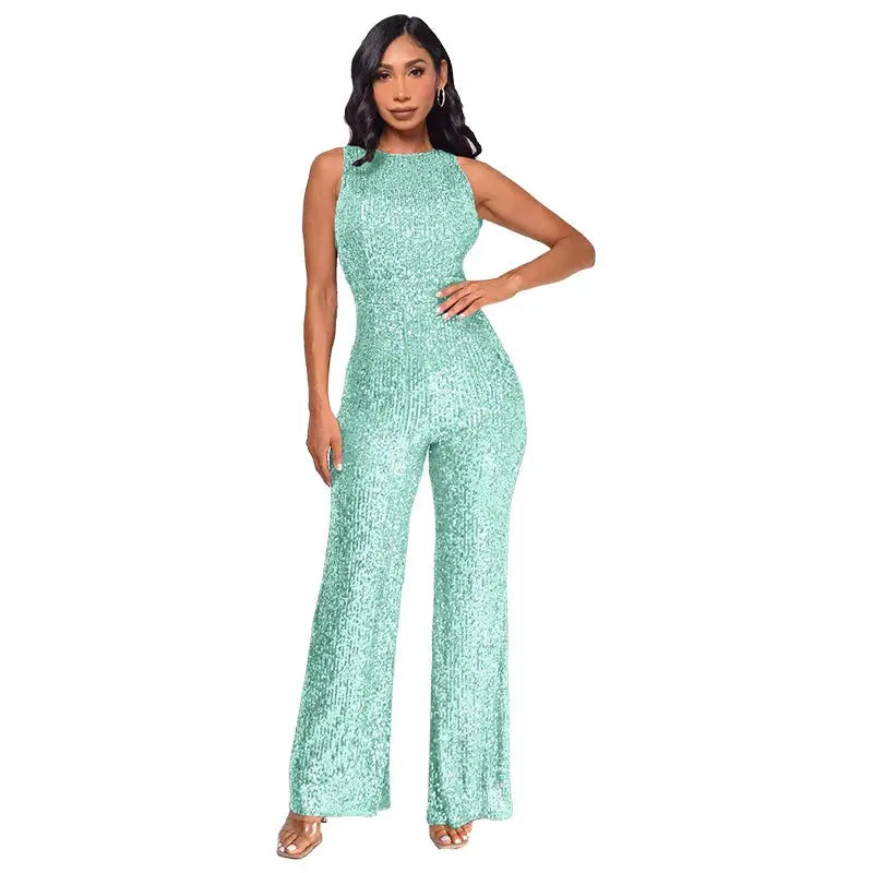 Sparkling sequins seamless jumpsuit, mint green, sleeveless, high-waist, wide-leg silhouette