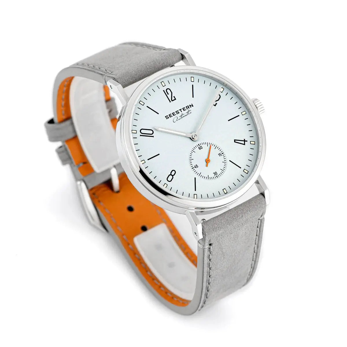 SEESTERN men’s automatic wristwatch with white dial, slim silver case, grey suede strap with orange lining