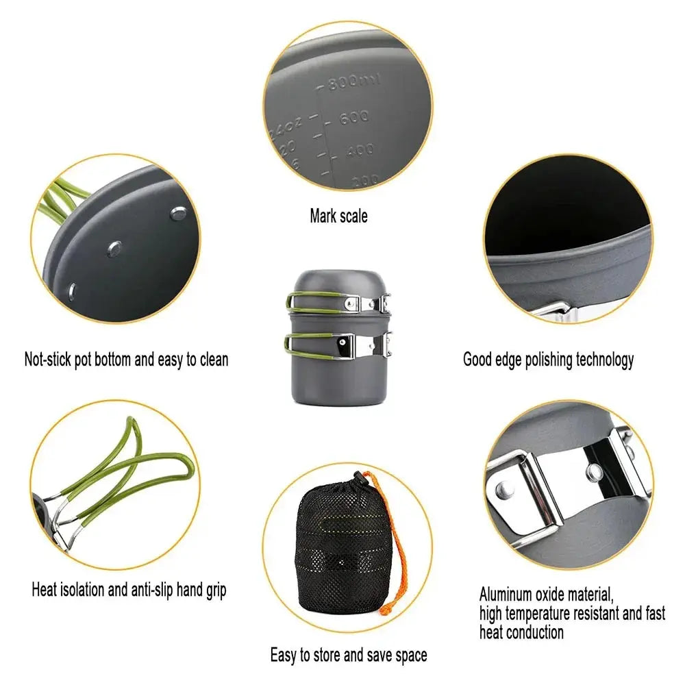 Simples Market ultralight camping mess kit; aluminum oxide pots with green anti-slip handles, nesting design