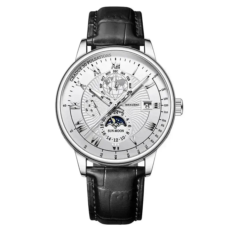 NovaLux Moon Phase Chronograph Leather Mens Watch With Luminous Hands And Complete Calendar