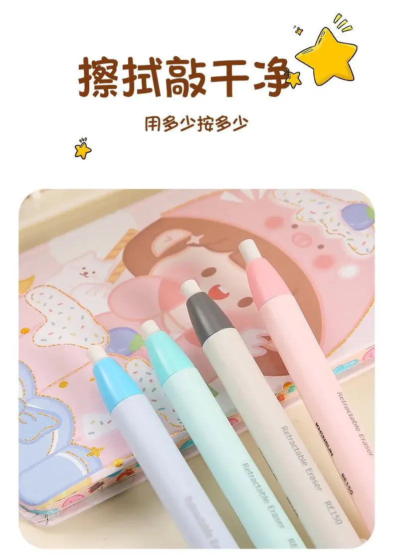 Press Eraser Pen set with replaceable cores; retractable pastel erasers in blue, mint, gray, and pink (4 pens)