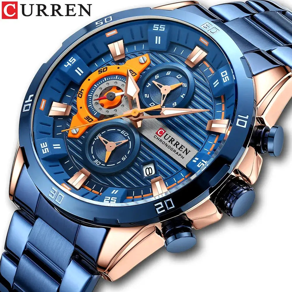 Curren 8402 men's stainless steel chronograph watch with blue and rose-gold finish and luminous dial