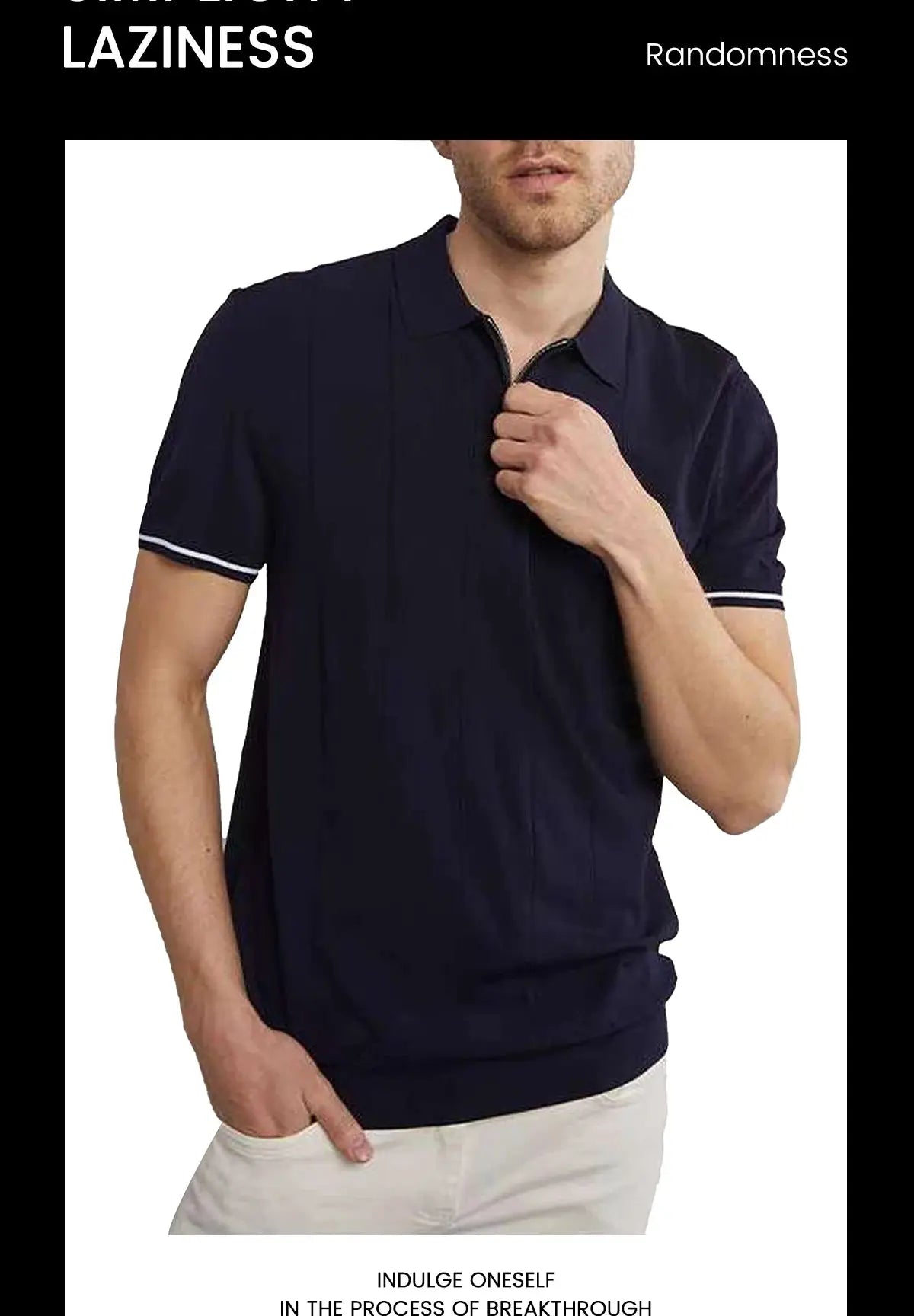 Men's navy knit polo shirt with short sleeves and white stripe trim, half-zip collar