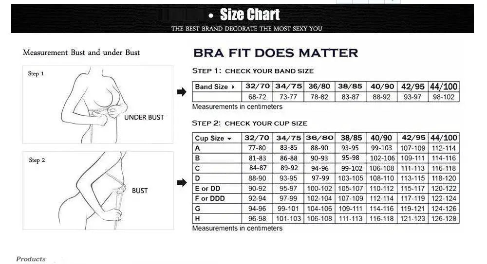 Bra size chart with bust and under-bust diagrams and step-by-step cup size table in centimeters.