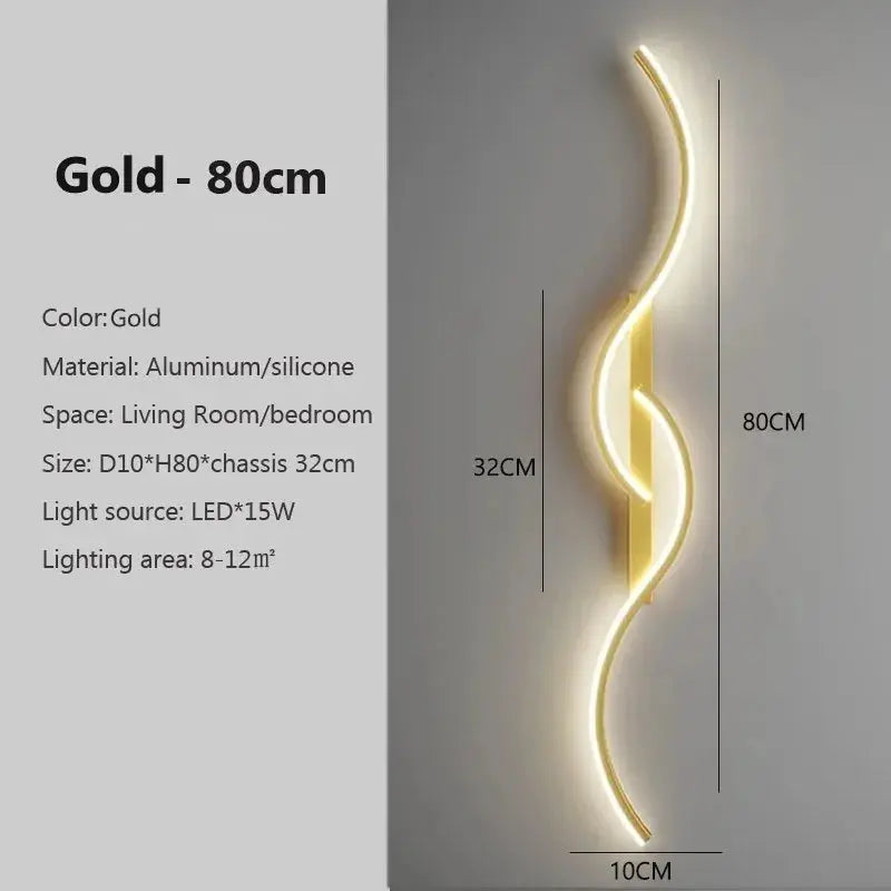 Simples Market gold LED wall lamp, curved aluminum/silicone fixture, 80cm tall for living room or bedroom
