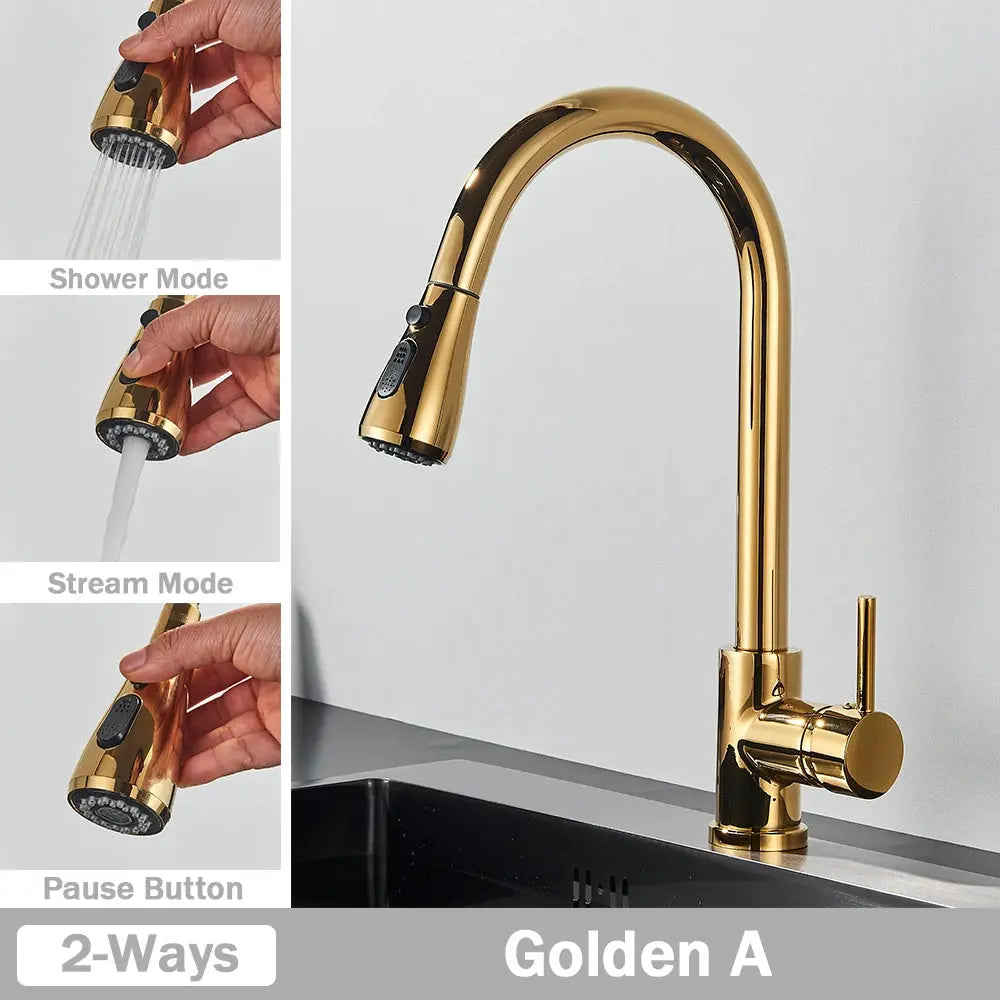Kitchen faucet with gold finish, pull-out spray head, deck-mounted, two spray modes and pause button