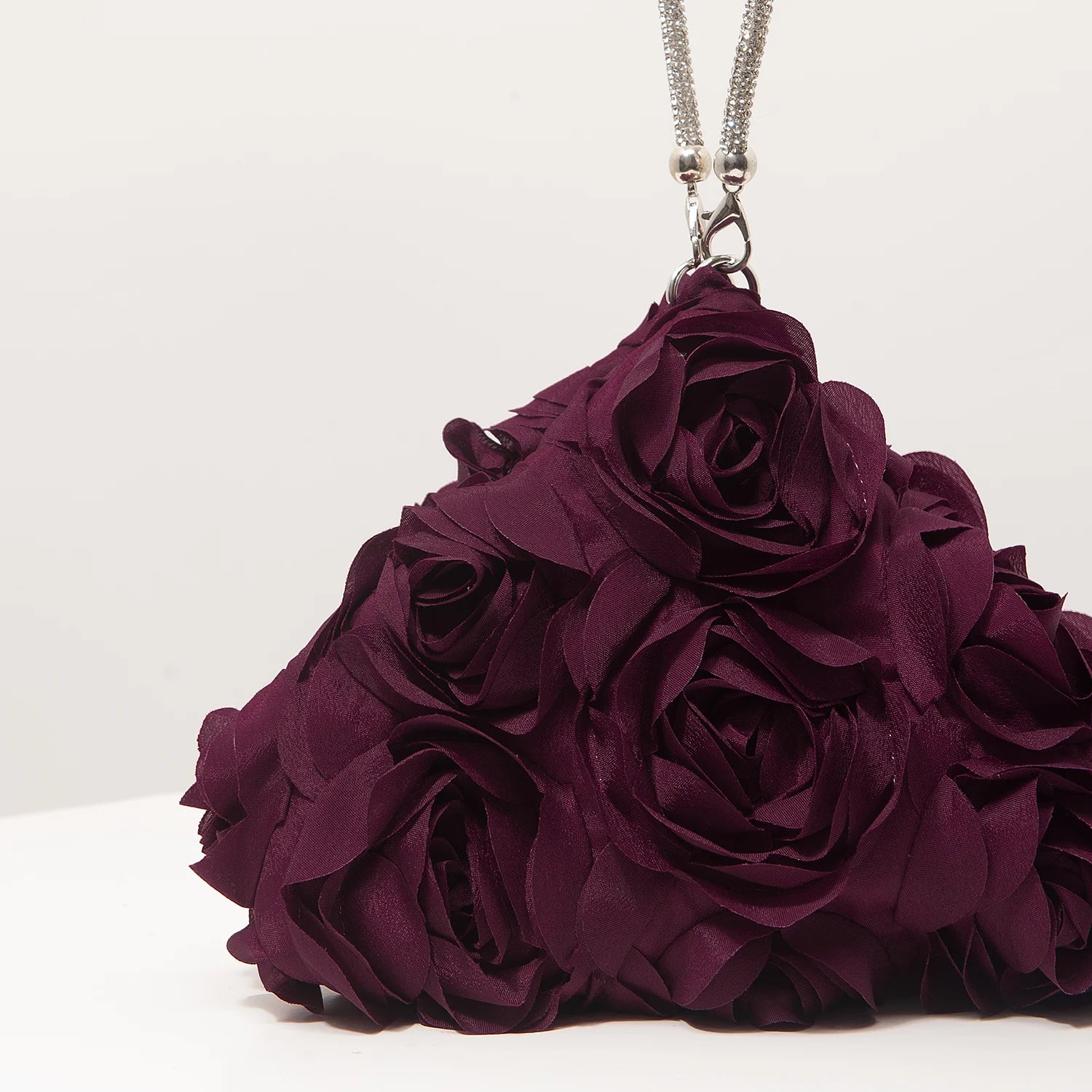 Purple rosette mini purse necklace with a silver chain