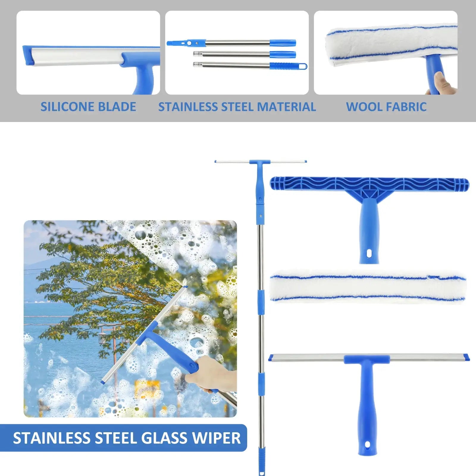 Extendable blue window cleaner set; 3-piece kit with stainless steel pole, 180° rotatable squeegee, and microfiber pads from Simples Market