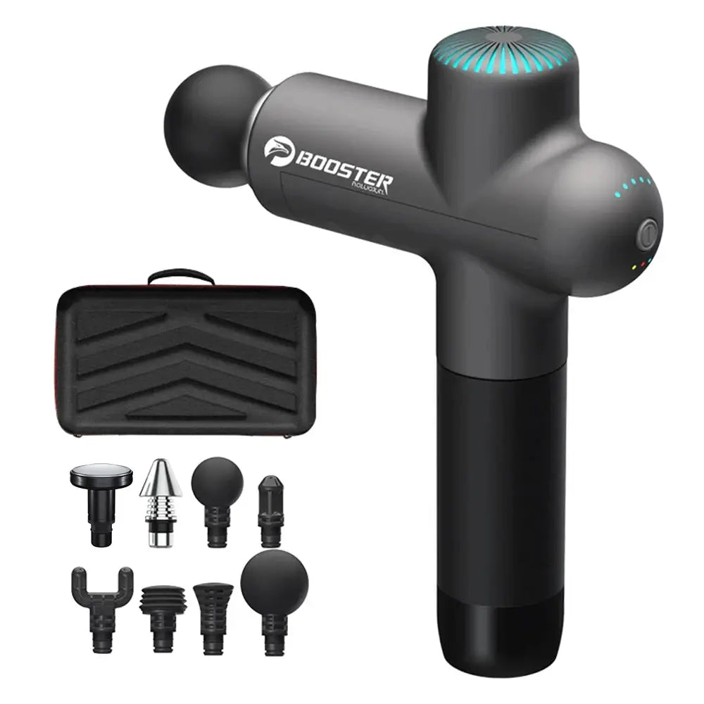 Booster massage gun electric neck massager by Simples Market, 7.4V, with blue LED top, carrying case, and multiple interchangeable heads