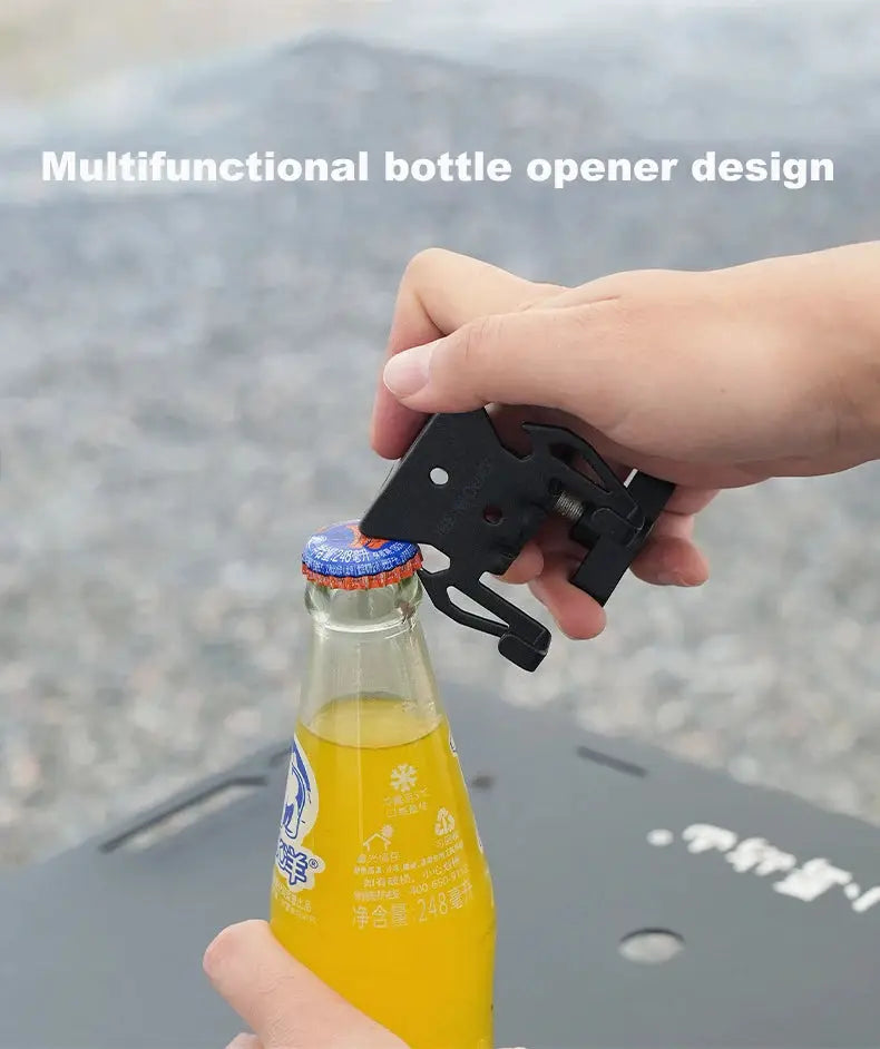 Gas canister hook with hanging plate and bottle opener, black metal camping accessory by Simples Market