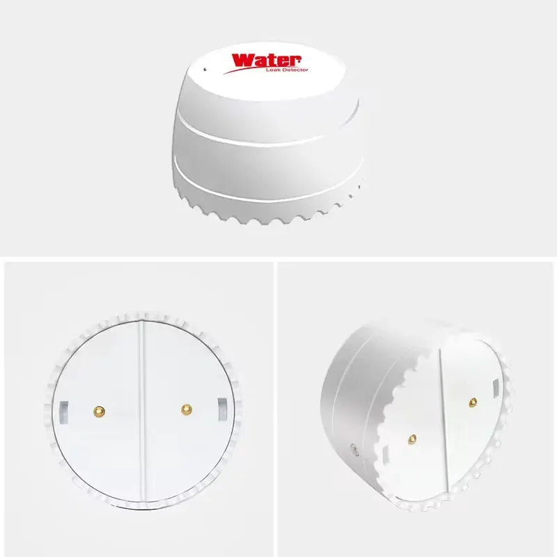 Water leak detector flood sensor, white round device with Tuya WiFi connectivity