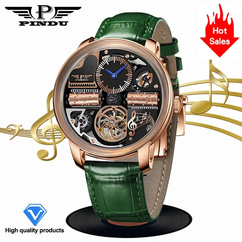 PINDU design mechanical skeleton watch for men with rose-gold case, sapphire glass top and green leather strap