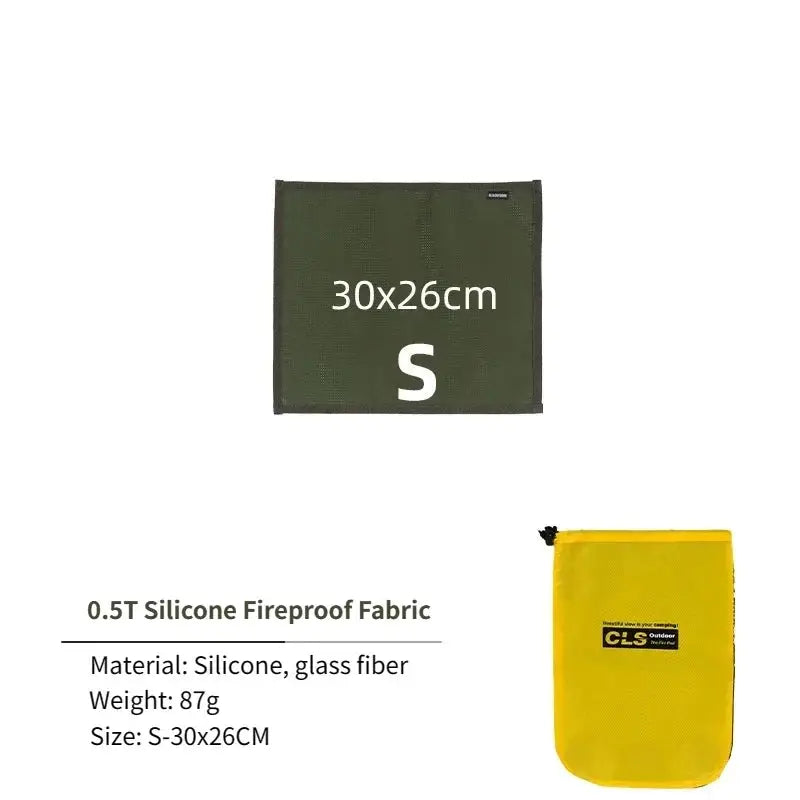 Fireproof fabric mat by Simples Market, green 30x26cm silicone-glass-fiber, size S; yellow CLS Outdoor pouch.