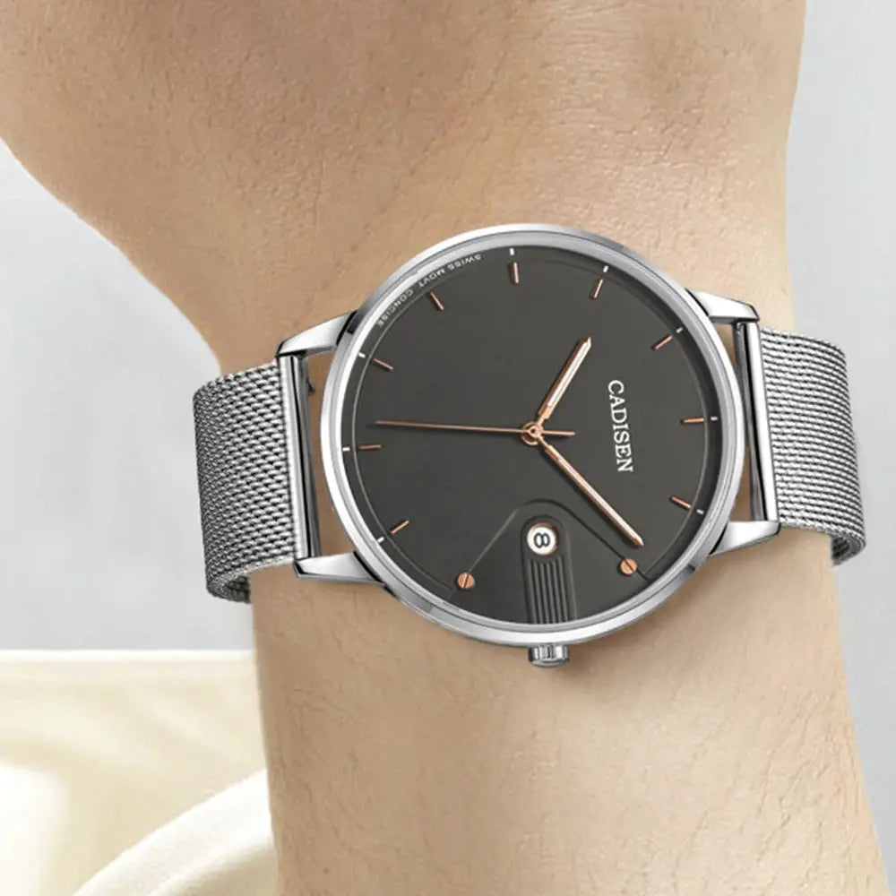 CADISEN men's watch with dark gray dial, rose gold hands, date window, stainless steel case and Milano mesh strap