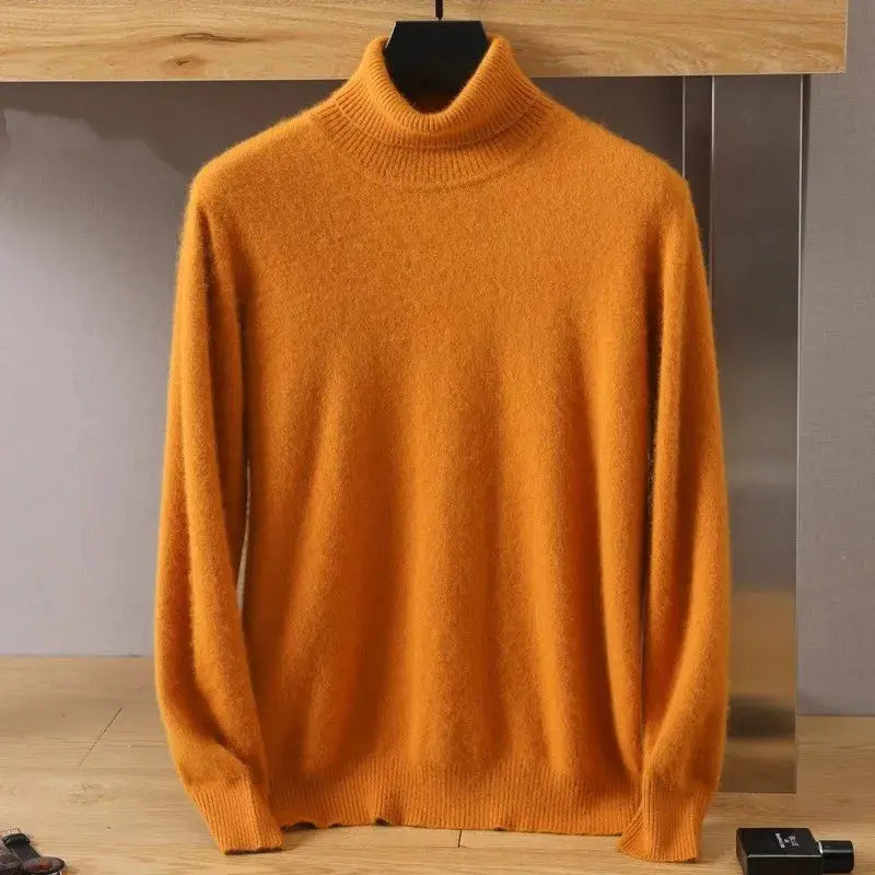 Simples Market men's mink-velvet cashmere orange knit sweater with a high neck
