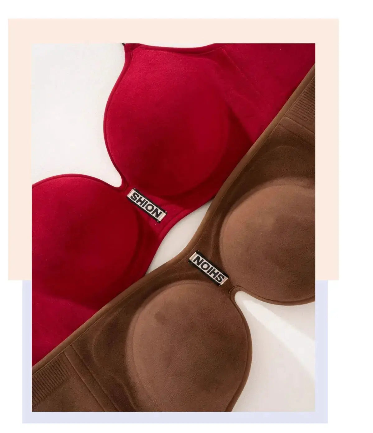 Push-up bras in red and brown by Simples Market, wireless seamless T-shirt style; SHION tag visible.