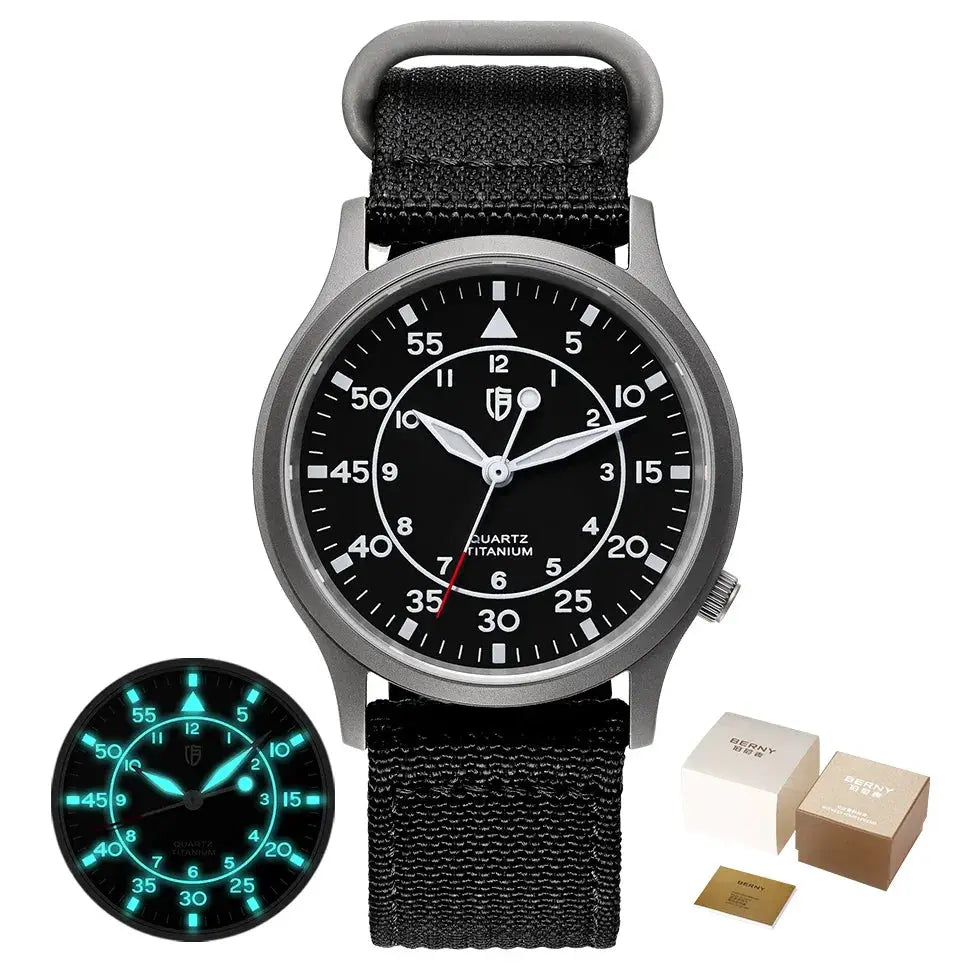 BERNY titanium watch for men with black dial, luminous hands, fabric strap; includes BERNY boxes.