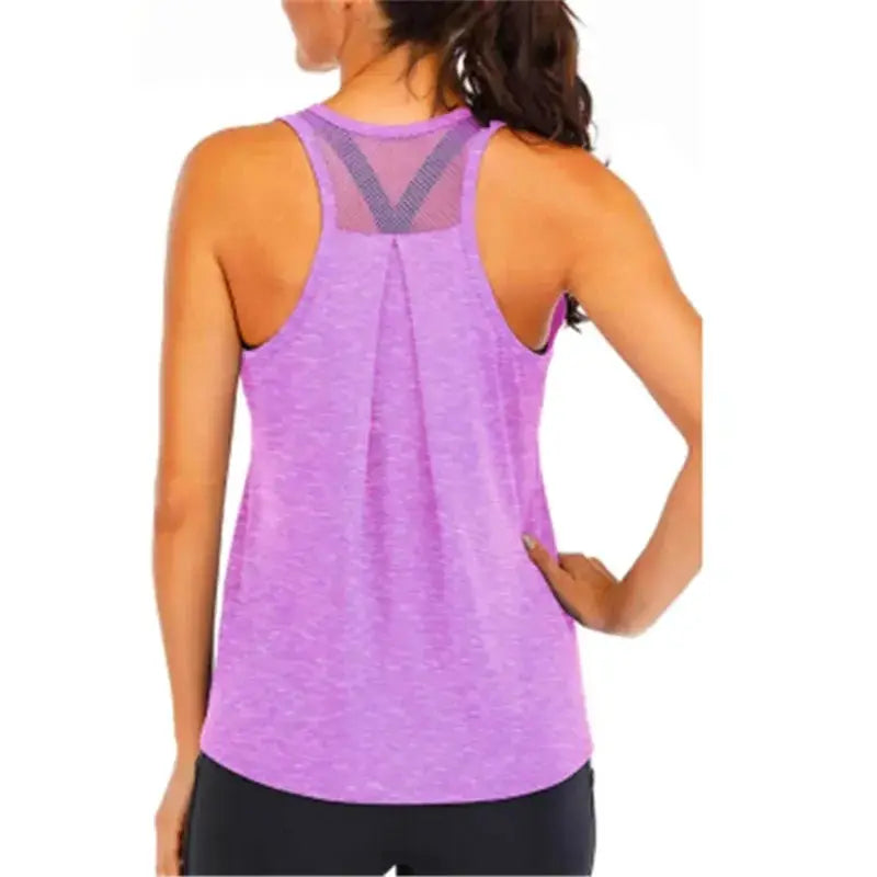Women's purple loose-fit yoga vest with mesh back panel, sleeveless gym tank top.