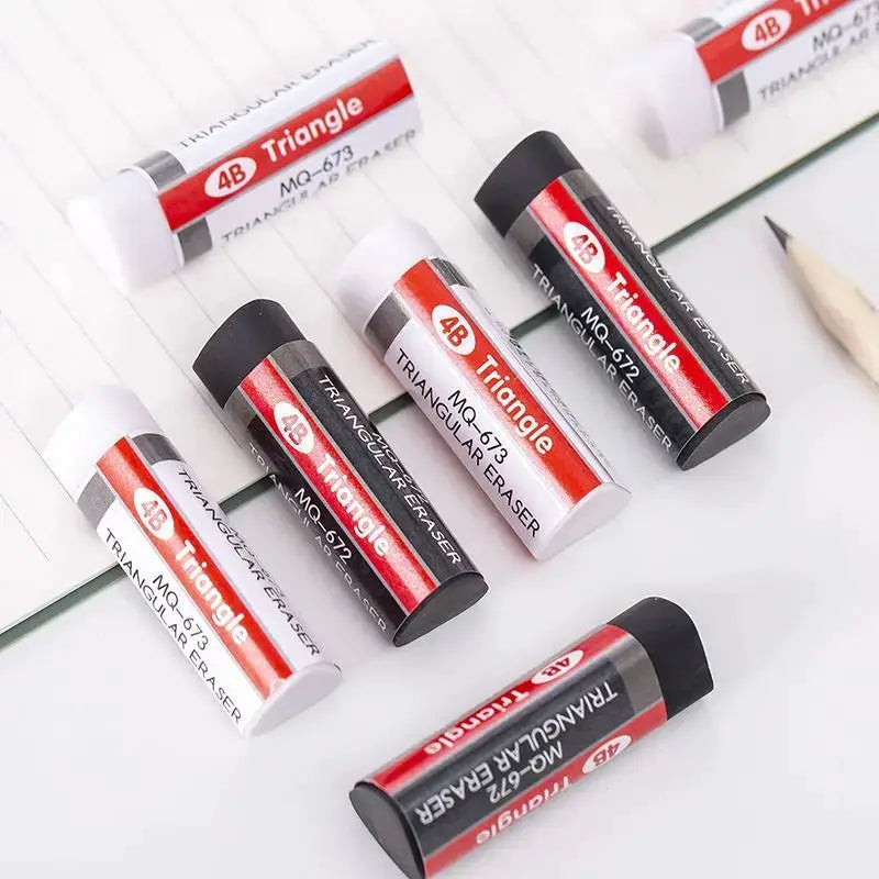 7-piece 4B triangle erasers in white and black wrappers with red stripes