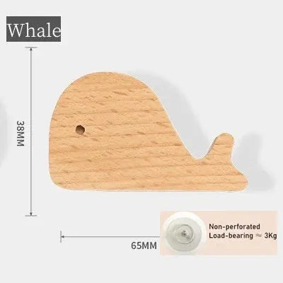 Whale-shaped solid wood wall hook for kids' room; natural wood finish, Simples Market