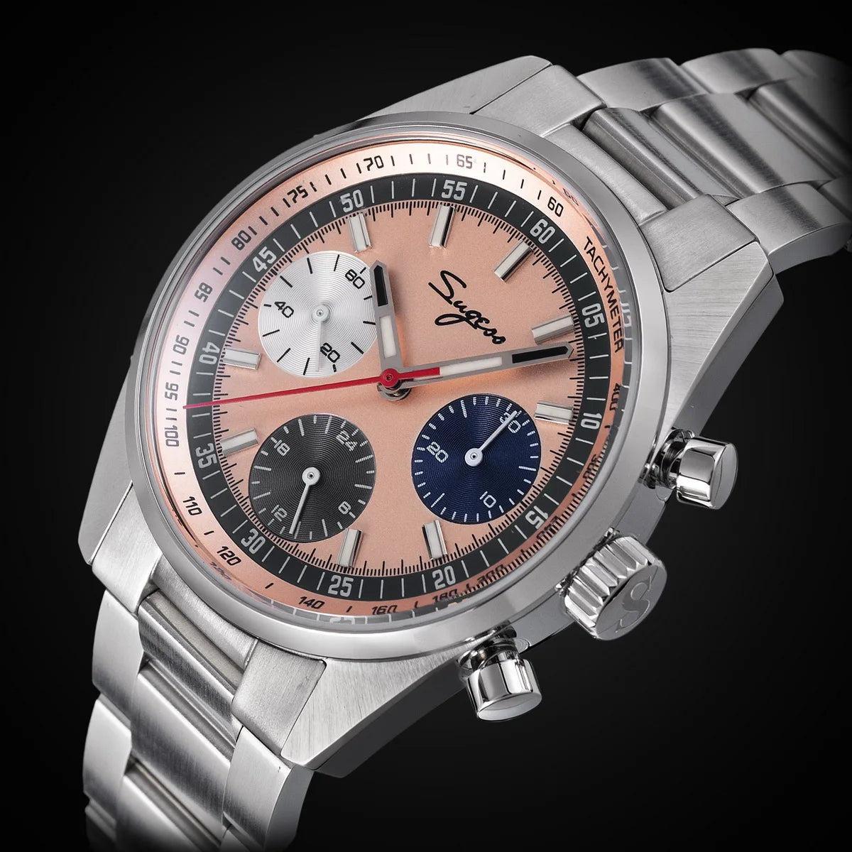 Sugess men's 38mm chronograph watch with stainless steel bracelet, rose-gold dial, sapphire crystal and tachymeter bezel