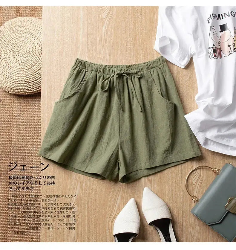 ITOOLIN casual linen shorts for women, high-waisted olive-green with drawstring