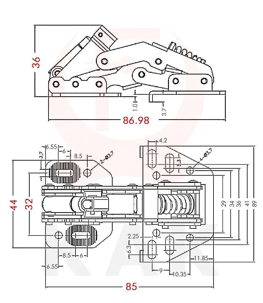 KAK hydraulic cabinet hinge with soft closing damper by Simples Market, blueprint-style drawing with dimensions