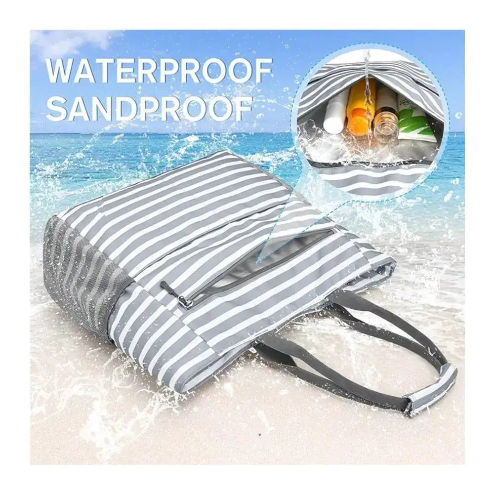 Waterproof Foldable Beach Tote Bag, gray and white striped, by Simples Market
