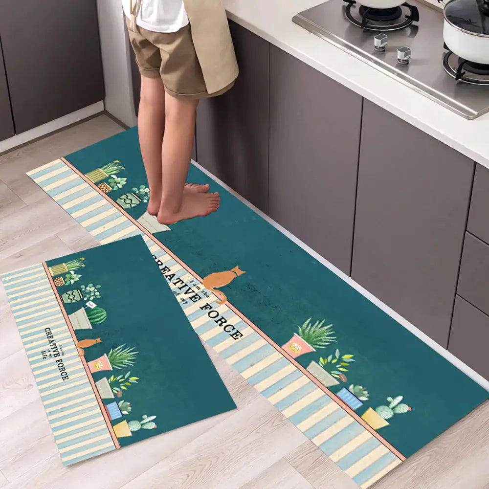 Non-slip kitchen mat runner set in teal crystal velvet; absorbent, includes two long runners and a small matching mat.