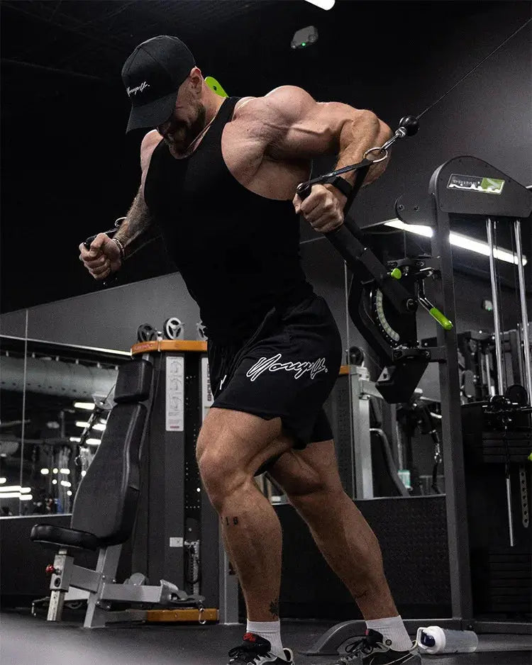 Trend men's black mesh quick-dry gym shorts with white logo