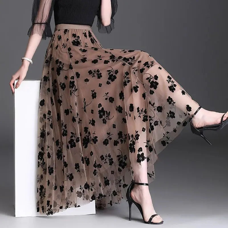 Korean Women Tulle Midi Skirt Simples Market beige mesh with black floral lace overlay