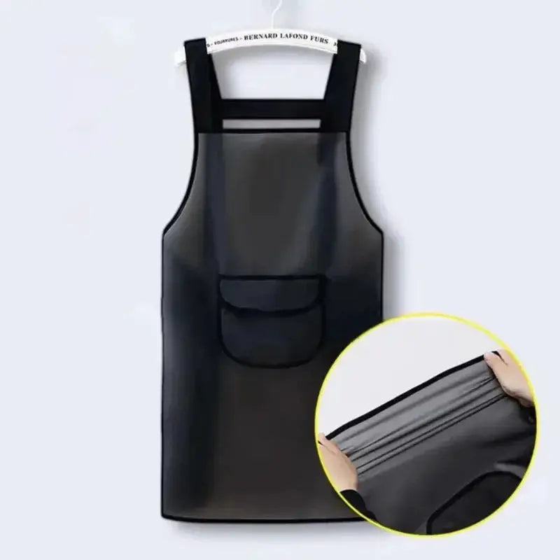 Transparent black PVC kitchen apron; waterproof, oil-resistant with front pockets.