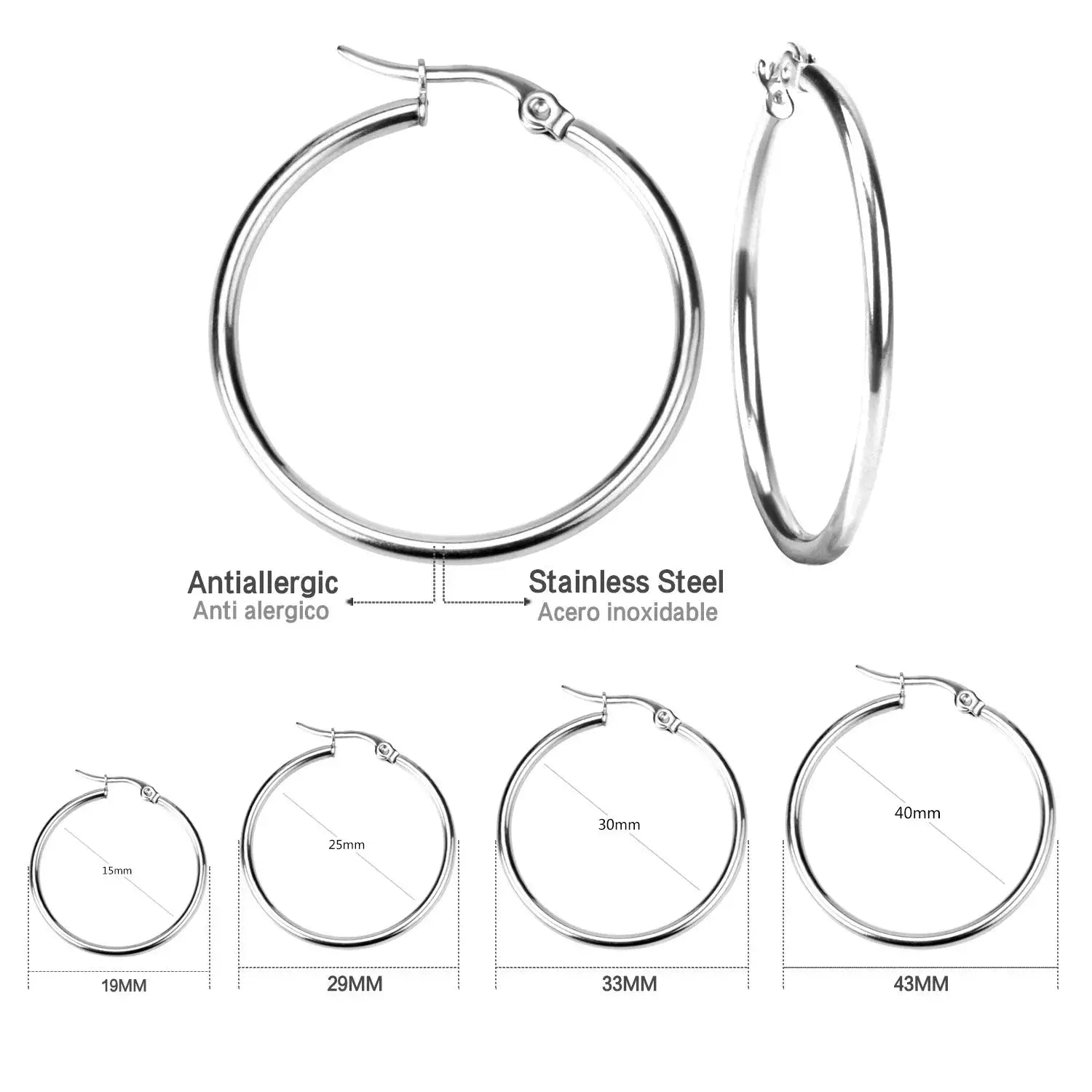Gold-tone stainless steel hoop earrings by Simples Market, set of 5 sizes (15–43mm) for men and women.