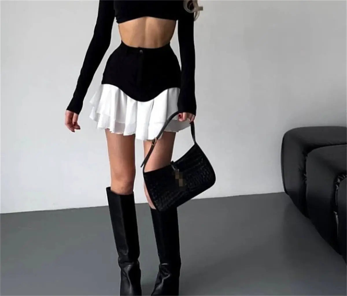 Chic Ruffles midi skirt, black-and-white two-tone high-waisted A-line with white layered hem
